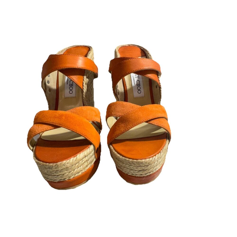 Jimmy Choo Perry orange wedge sandals, likely in size EUR 40 (US 10)